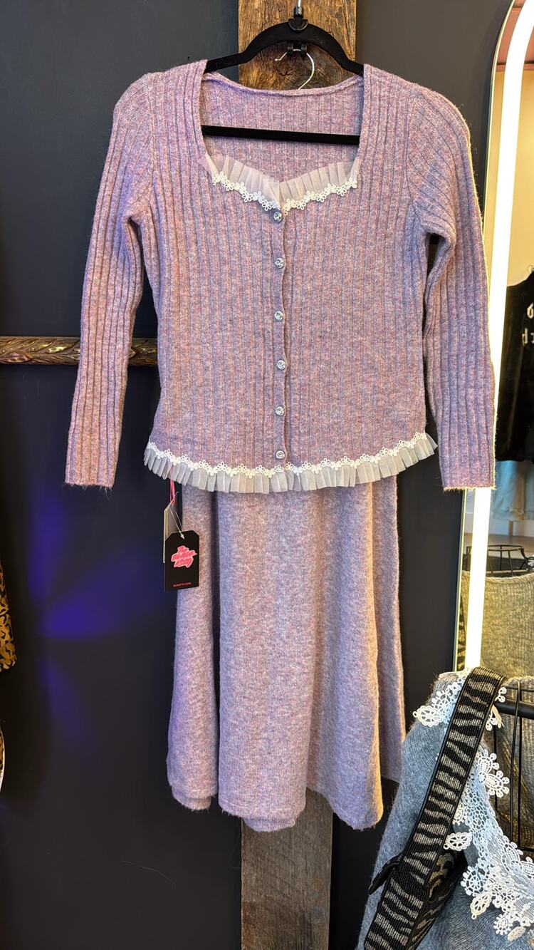 $190 Set Cashmere & Wool Skirt Cardigan Lilac Lace Trim M NWT